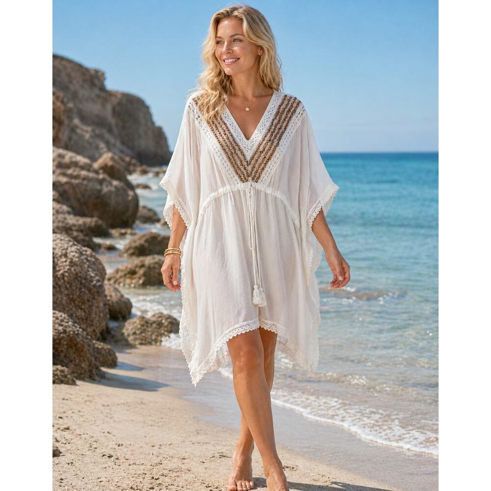 White Beaded Swimsuit Coverup Tunic  Beachy Vacation Travel Pool Cruise One Size